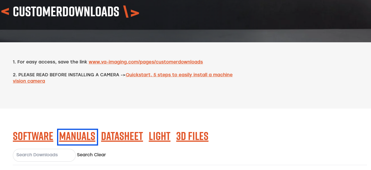 Download page of VA Imaging with navigation links for software, manuals, datasheet, light, and 3D. Download page of VA Imaging with navigation links for software, manuals, datasheet, light, and 3D.