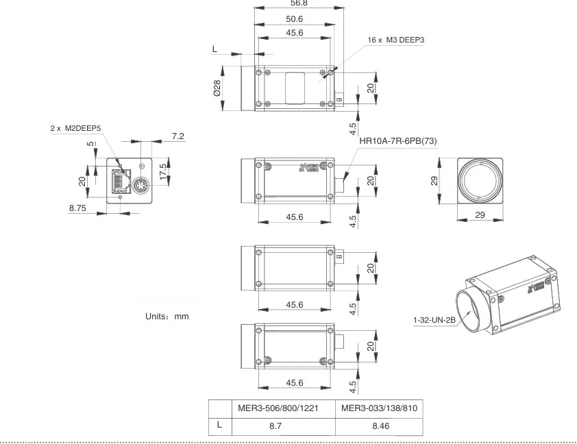 MER3-033-262G3M-P-SWIR Camera 2.5GigE Vision Mechanical drawing 6 MER3-033-262G3M-P-SWIR Camera 2.5GigE Vision Mechanical drawing 6