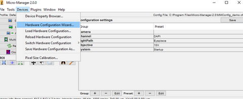 Picture showing how to select a device on Micro Manager Picture showing how to select a device on Micro Manager