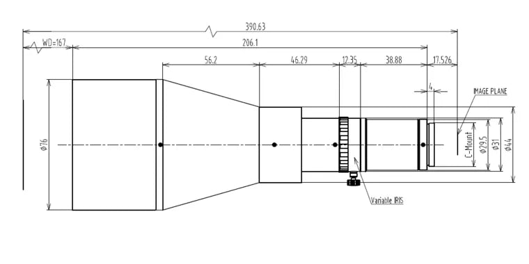 VA-LCM-TC-0-0.22X-WD167-015 Lens telecentric Mechanical drawing 3 VA-LCM-TC-0-0.22X-WD167-015 Lens telecentric Mechanical drawing 3