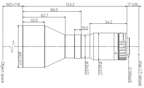 VA-LCM-TC-0-0.438X-WD118-110 Lens telecentric Mechanical drawing 3 VA-LCM-TC-0-0.438X-WD118-110 Lens telecentric Mechanical drawing 3