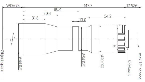 VA-LCM-TC-0-0.708X-WD73-110 Lens telecentric Mechanical drawing 3 VA-LCM-TC-0-0.708X-WD73-110 Lens telecentric Mechanical drawing 3