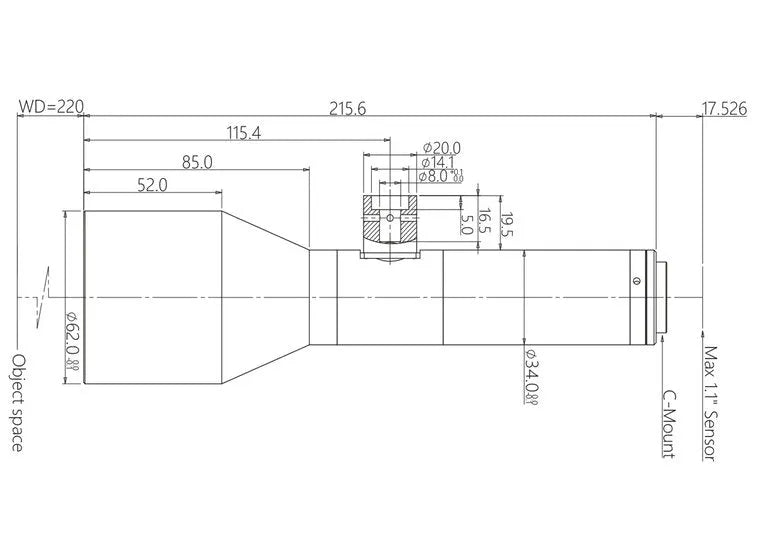 VA-LCM-TC-1-0.55X-WD220-110 Lens telecentric Mechanical drawing 3 VA-LCM-TC-1-0.55X-WD220-110 Lens telecentric Mechanical drawing 3