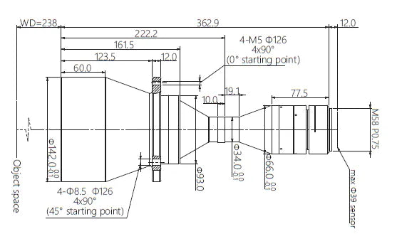 VA-LM58-TC-0-0.325X-WD273-39C Lens telecentric Mechanical drawing 3 VA-LM58-TC-0-0.325X-WD273-39C Lens telecentric Mechanical drawing 3
