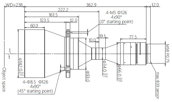 VA-LM58-TC-0-0.390X-WD238-39C Lens telecentric Mechanical drawing 3 VA-LM58-TC-0-0.390X-WD238-39C Lens telecentric Mechanical drawing 3