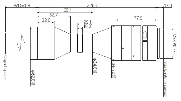 VA-LM58-TC-0-0.929X-WD118-C39 Lens telecentric Mechanical drawing 3 VA-LM58-TC-0-0.929X-WD118-C39 Lens telecentric Mechanical drawing 3