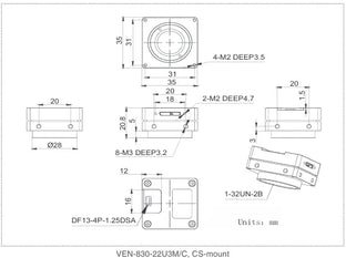 VEN-830-22U3C-M01 Camera USB3 Vision Mechanical drawing 3 VEN-830-22U3C-M01 Camera USB3 Vision Mechanical drawing 3