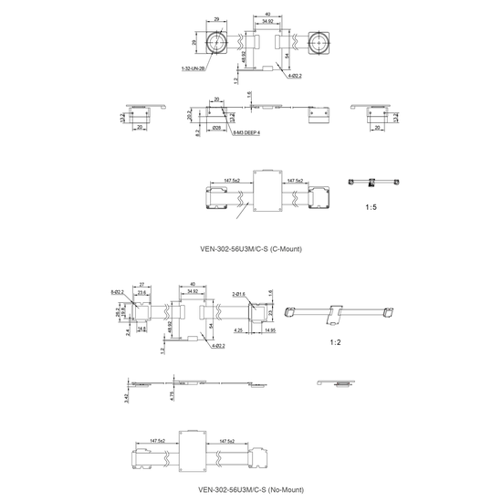 Mechanical drawing and dimensions of USB 3.0 Boardlevel Camera 3MP Color with Sony IMX265 sensor, model VEN-302-56U3C