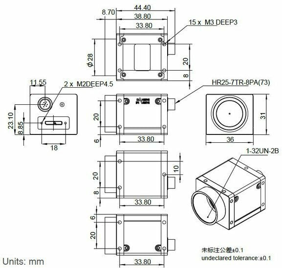 Mechanical drawing and dimensions of USB3 Vision camera 18.4MP Color with Gpixel GMAX2518 sensor, model ME2P-1840-21U3C