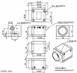 Mechanical drawing and dimensions of USB3 Vision camera 18.4MP Color with Gpixel GMAX2518 sensor, model ME2P-1840-21U3C