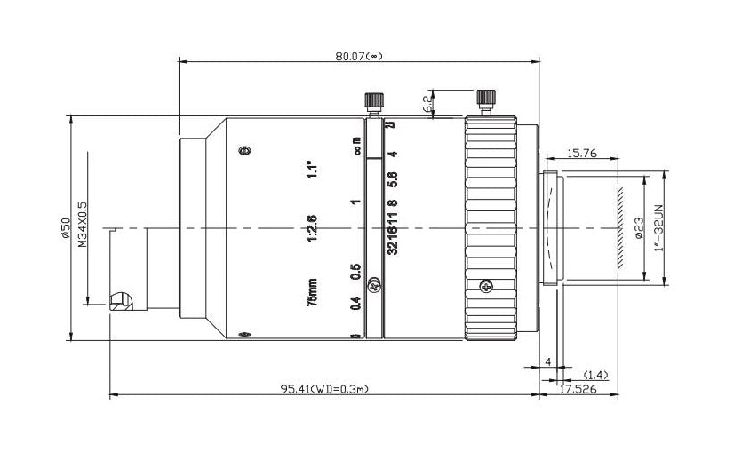 Mechanical Drawing VA-LCM-12MP-75MM-F2.6-110 C-mount lens