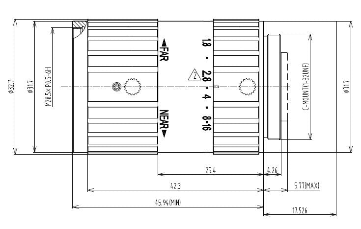 Mechanical Drawing LENS SWIR C-mount 1.3MP 12MM F1.8 for max sensorsize 1/2" NON DISTORTION