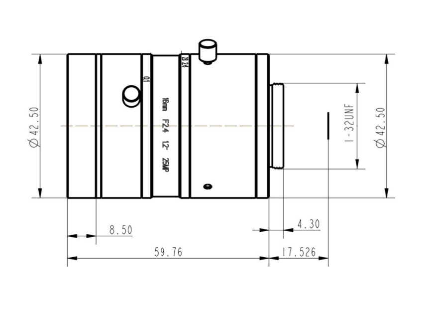 Mechanical Drawing LENS C-mount 25MP 16MM F2.4 for max sensorsize 1.2" NON DISTORTION