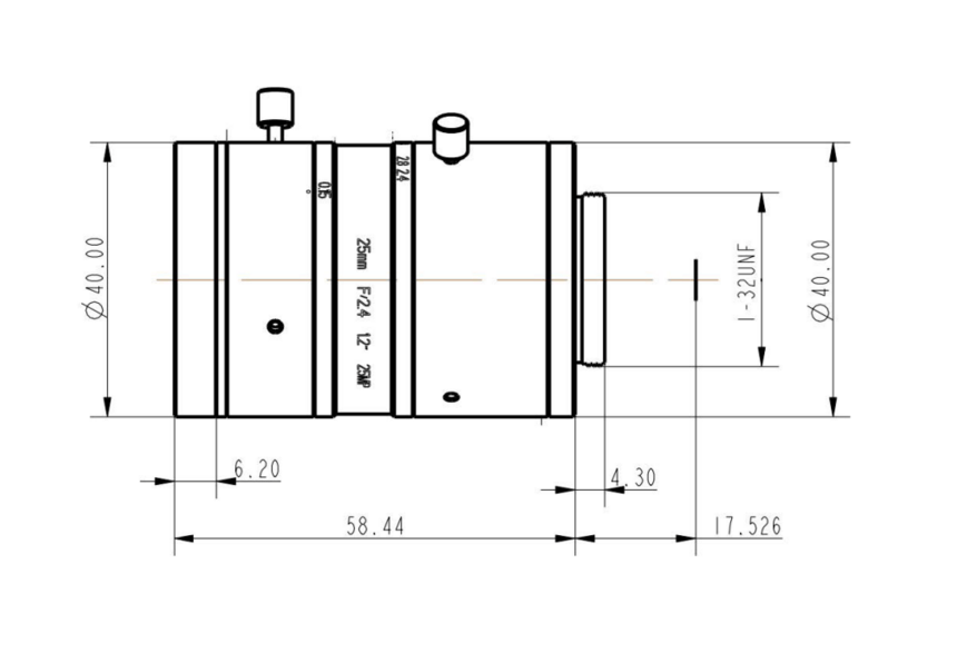 Mechanical Drawing LENS C-mount 25MP 25MM F2.4 for max sensorsize 1.2" LOW DISTORTION