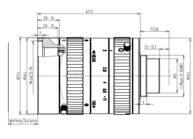 Mechanical Drawing LENS C-mount 8MP 25MM F2.0 for max sensorsize 2/3" UV