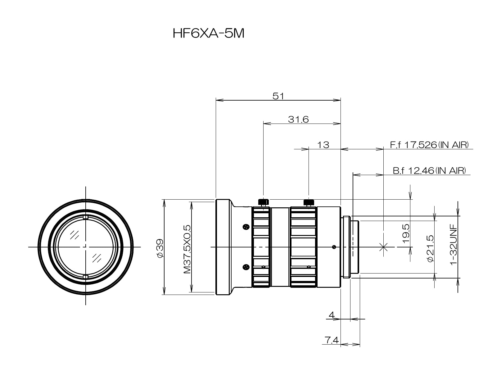 Fujinon HF6XA-5M mechanical drawing