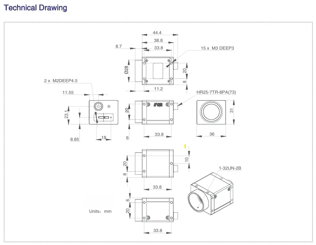 ME2P-1231-32U3M-POL-VA-USB3-Vision-Camera Polarization camera Mech drawing