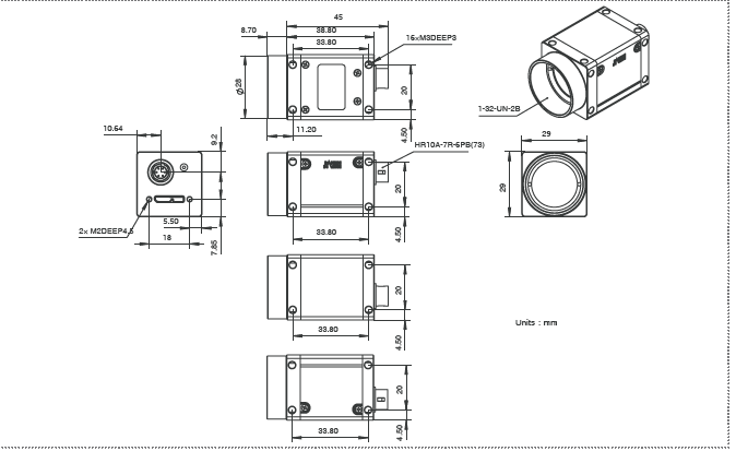 Technical drawing of a ME2S USB3 vision camera