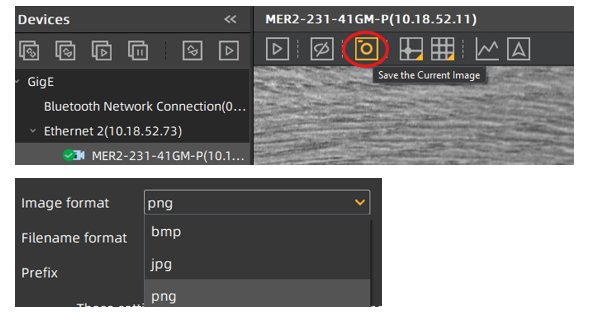Software interface for managing network devices with image capture and file format options.
