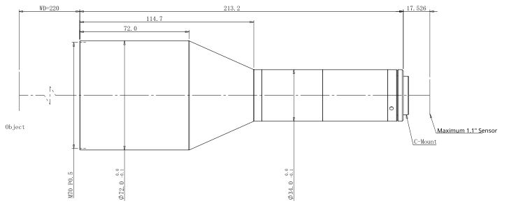 VA-LCM-TC-0-0.367X-WD220-110, Telecentrisk C-mount-objektiv, Forstørrelse 0.367x, Sensorstørrelse 1.1 inch