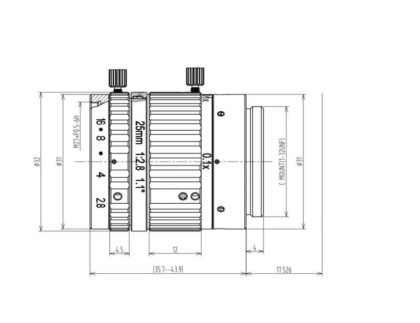 VA-LCM-12MP-25MM-F2.8-110-MACRO Lens C-mount Mechanical drawing 3