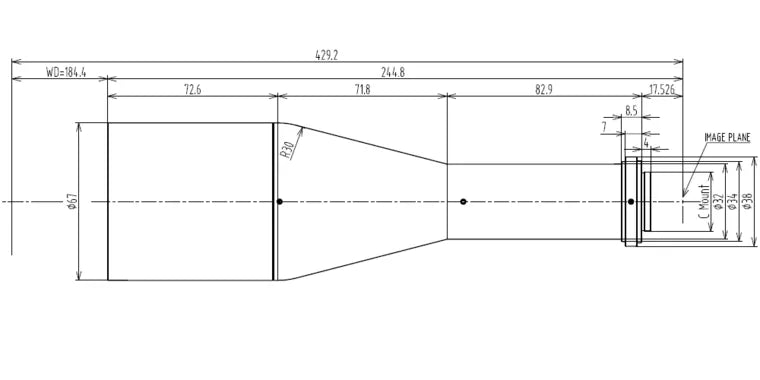 VA-LCM-TC-0-0.367X-WD184-130 Lens telecentric Mechanical drawing 3