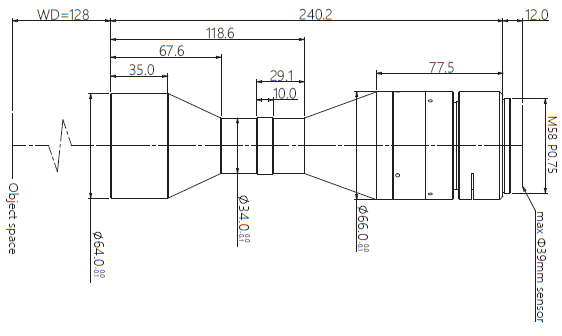 VA-LM58-TC-0-0.813X-WD128-39C, Telecentric M58-mount Lens, magnification 0.813X, sensorsize 39mm