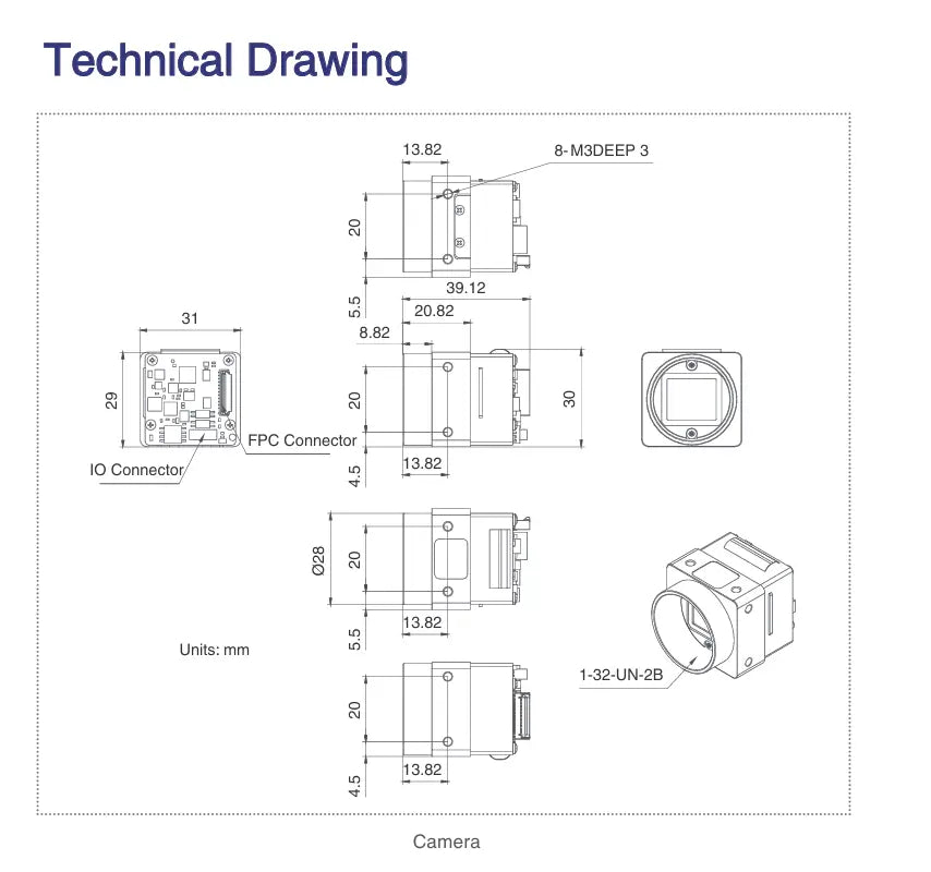 VE2S-042-121GM-P Board level Camera Technical Drawing