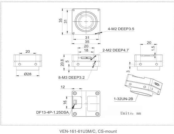 VEN-161-61U3M-M05 Camera USB3 Vision Mechanical drawing 3